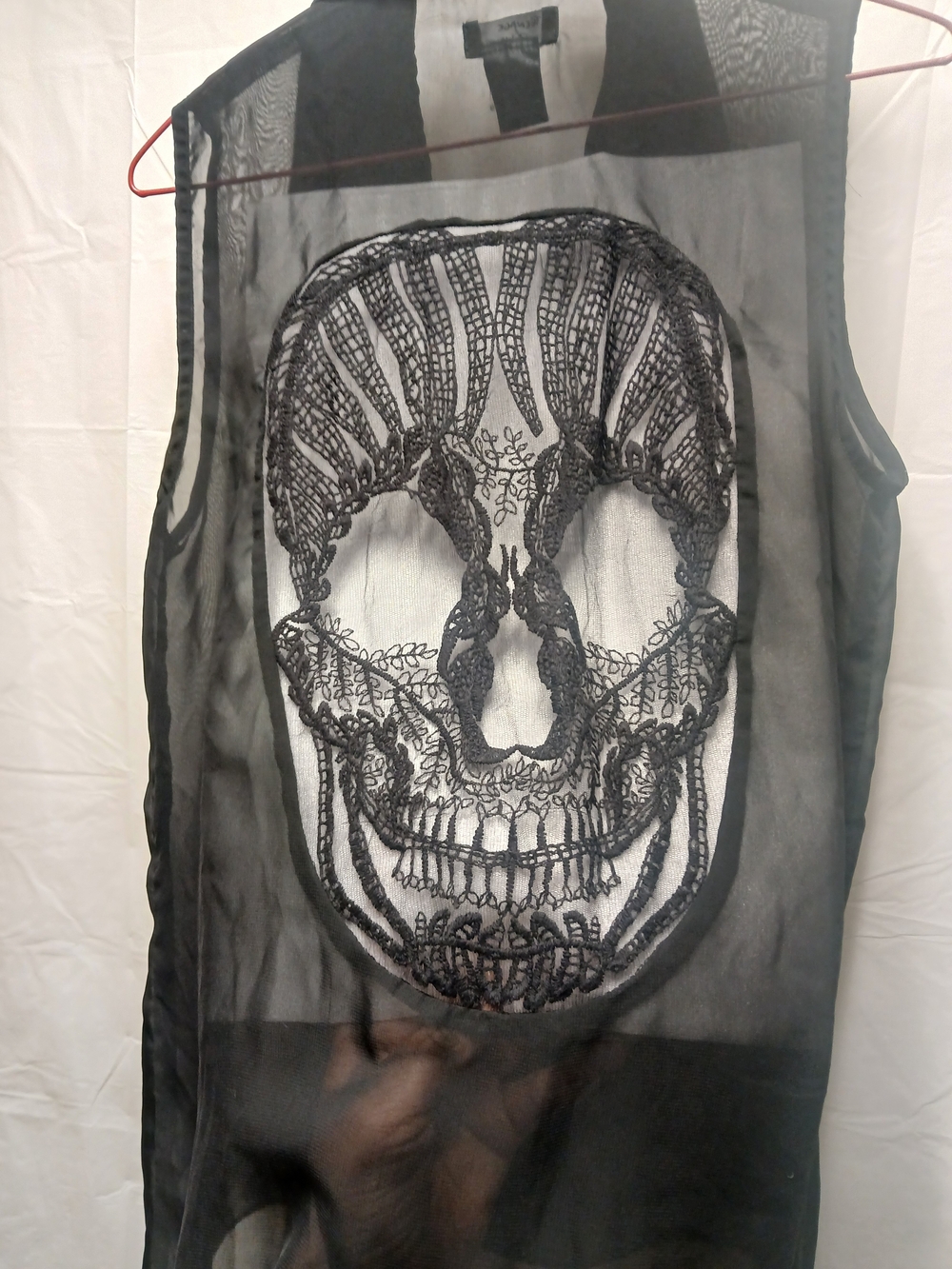 Black Sheer Skull Embroidered Women's Tank Top